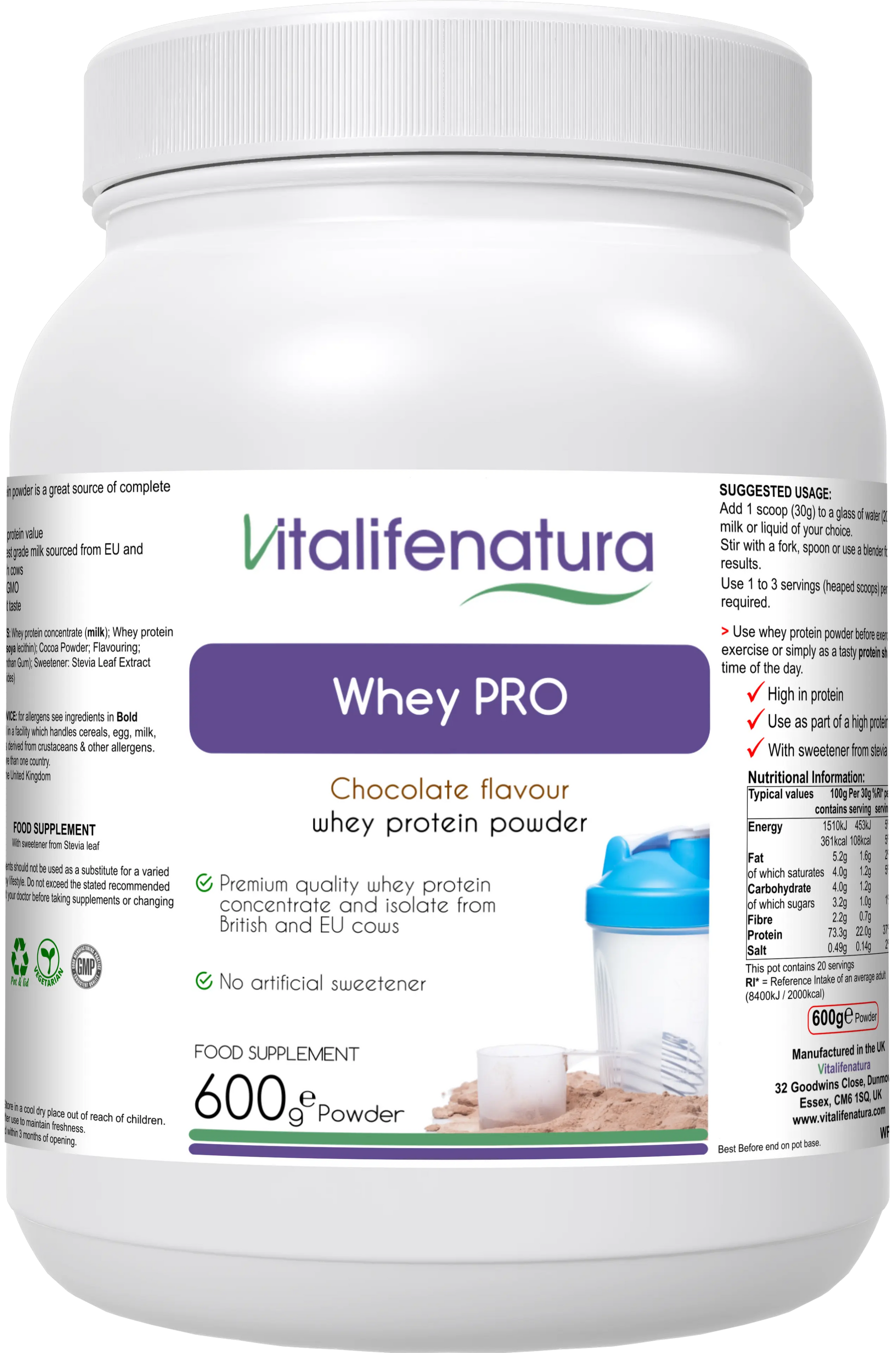 "Whey Pro Chocolate Flavour 600g Powder Vitalifenatura"